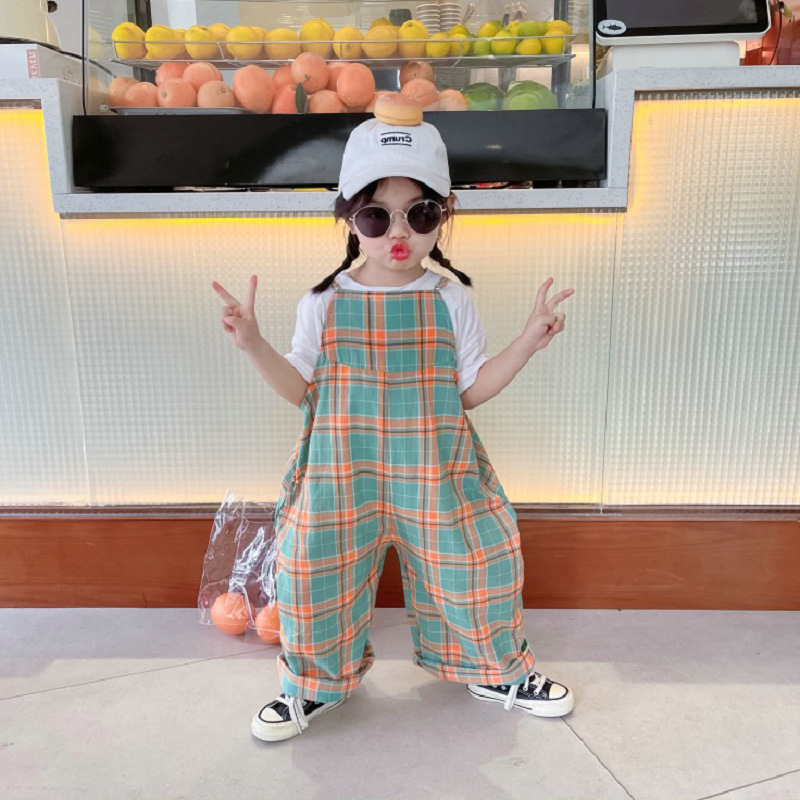 女童褲子格子吊帶連體褲連身衣2024春夏裝新款外貿童裝代發3-8歲