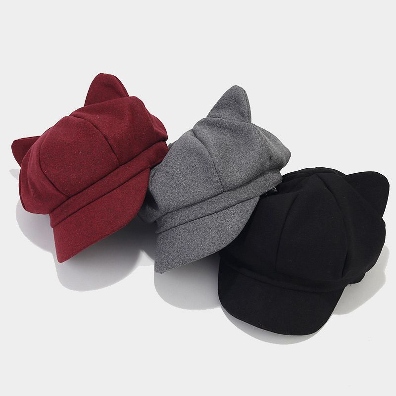 Autumn and Winter New Cute Cat Ears Cyber Celebrity Octagonal Cap British Retro Wool Cap Solid Color Trendy Painter Cap