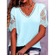 2023 European and American Foreign Trade Cross-border Women's T-shirt Amazon Explosive Lace Stitching Loose V-neck Short Sleeve T-shirt