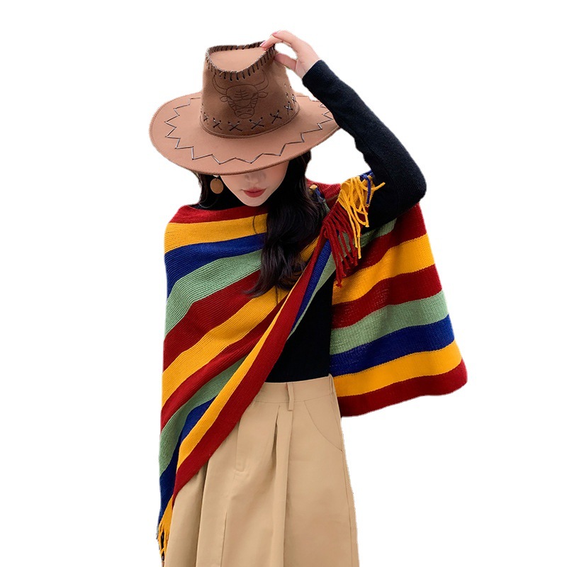 Ethnic Style Knitted Tassel Rainbow Color Shawl Poncho Travel Tibetan Style Photograph Summer Sun Protection Women's Outer Wear