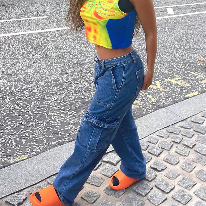 Cross-border European and American ins AliExpress women's jeans dark washed overalls straight casual Denim trousers for women