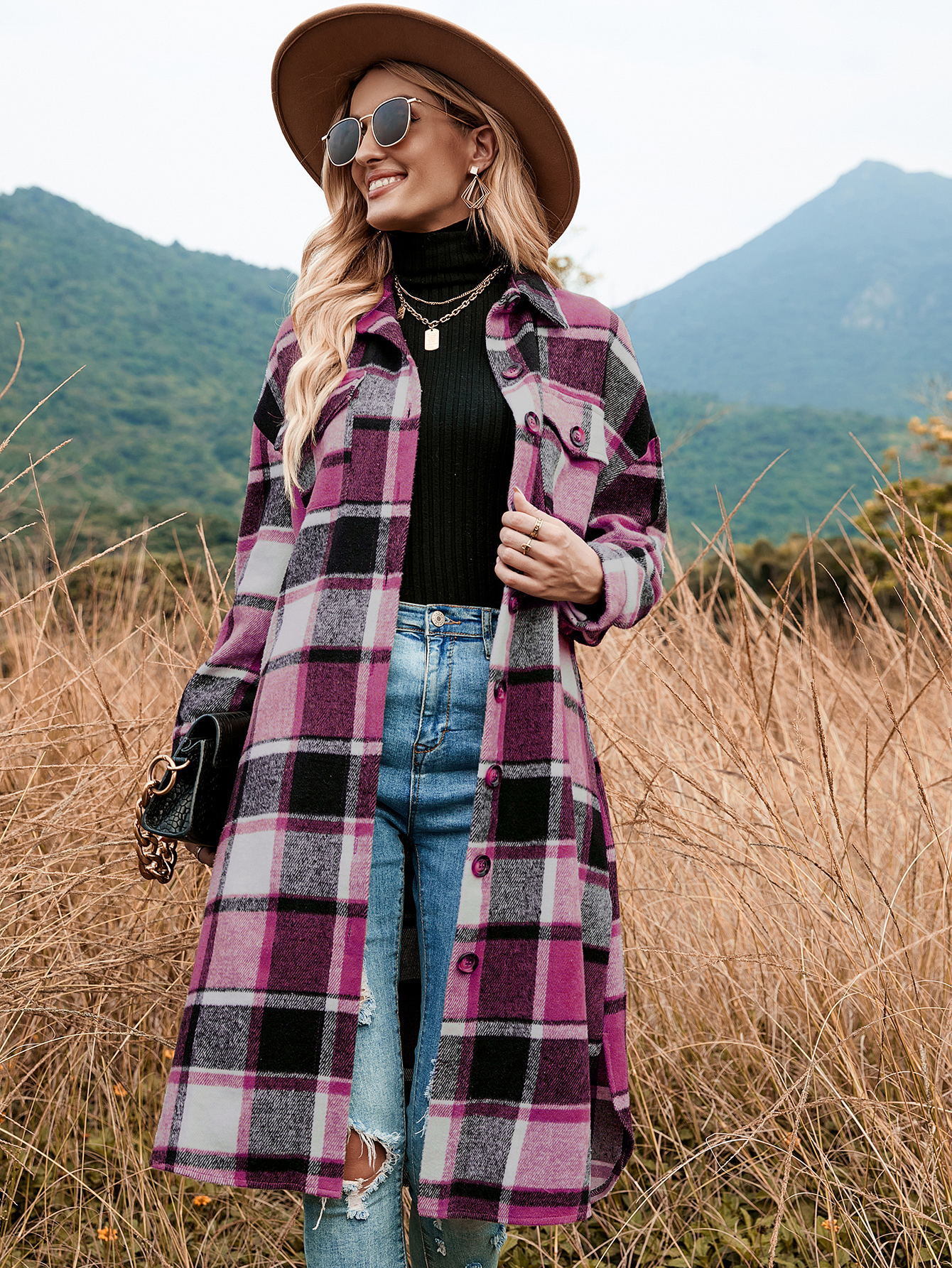 2022 autumn and winter European and American temperament windbreaker coat side slit lapel loose woolen plaid shirt coat in stock_voghion.com