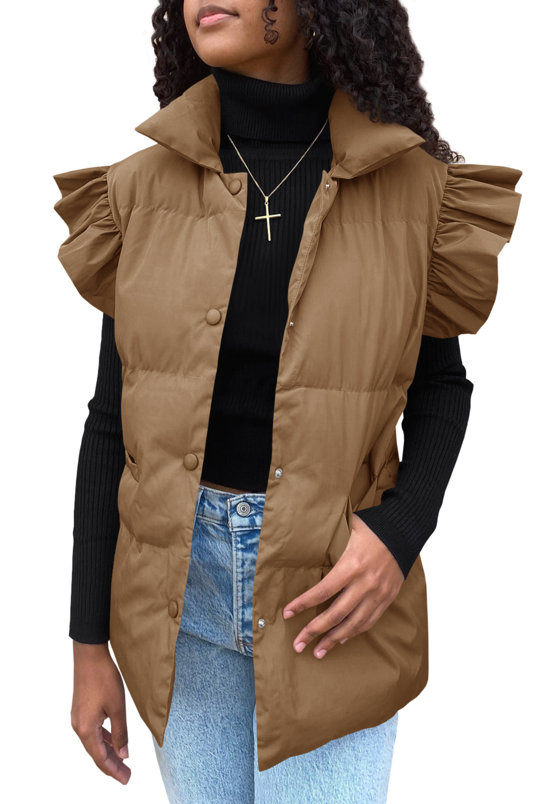 Grenzüberschreitende europäische und amerikanische Herbst- und Winterneuheiten mit lockerer Tasche und Baumwollpolsterung, fliegende Ärmel, elegante Weste, Stehkragen, Mode, Einreiher_voghion.com