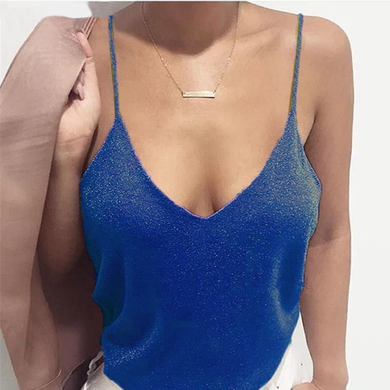 Cross-border Foreign Trade 2022 European and American New Women's Solid Color Deep V-neck Sexy Sling Tight Casual Vest T-shirt for Women