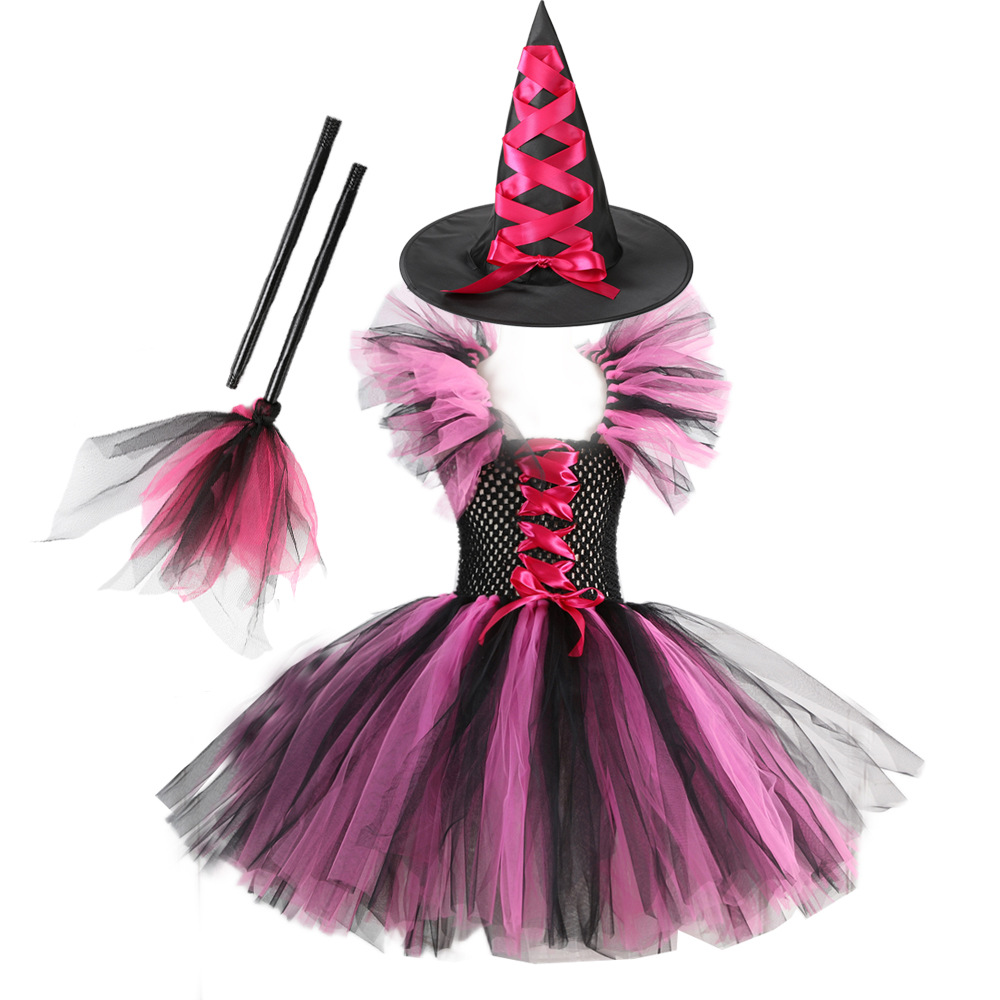 European and American Halloween Girl's Costume Girl's Coolie cosplay Performance Dress Suit Witch Hat Witch Broom