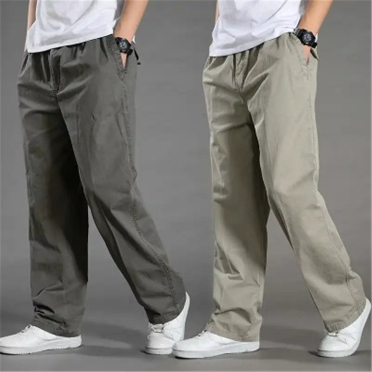 New Men's Cotton Casual Pants Large Size Overalls Thin Loose Large Size Elastic Waist Straight Leg Pants