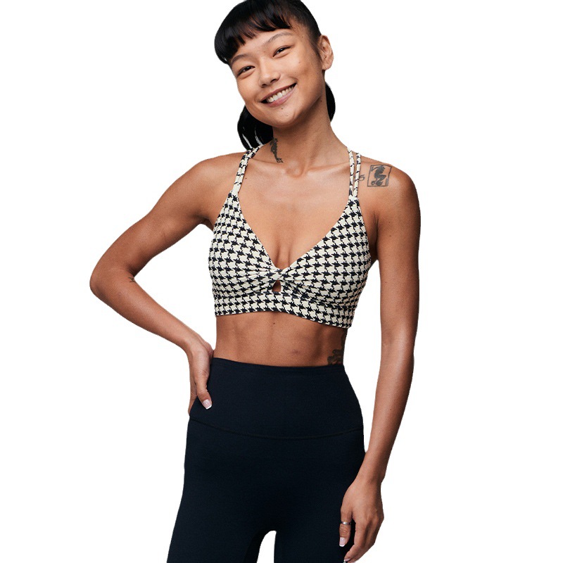 Black and White Stripe Printed Yoga Suit Gather Shockproof Sports Underwear Sexy Cross Sling Beautiful Back Bra with Chest Pad