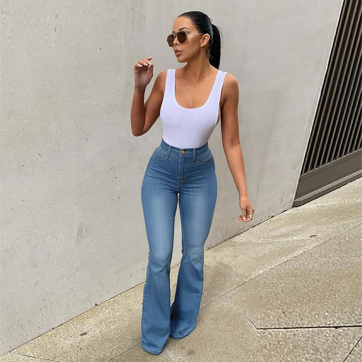 PT7078 Amazon cross-border wish European and American women's stretch high waist Denim trousers eaby micro-pull horseshoe pants
