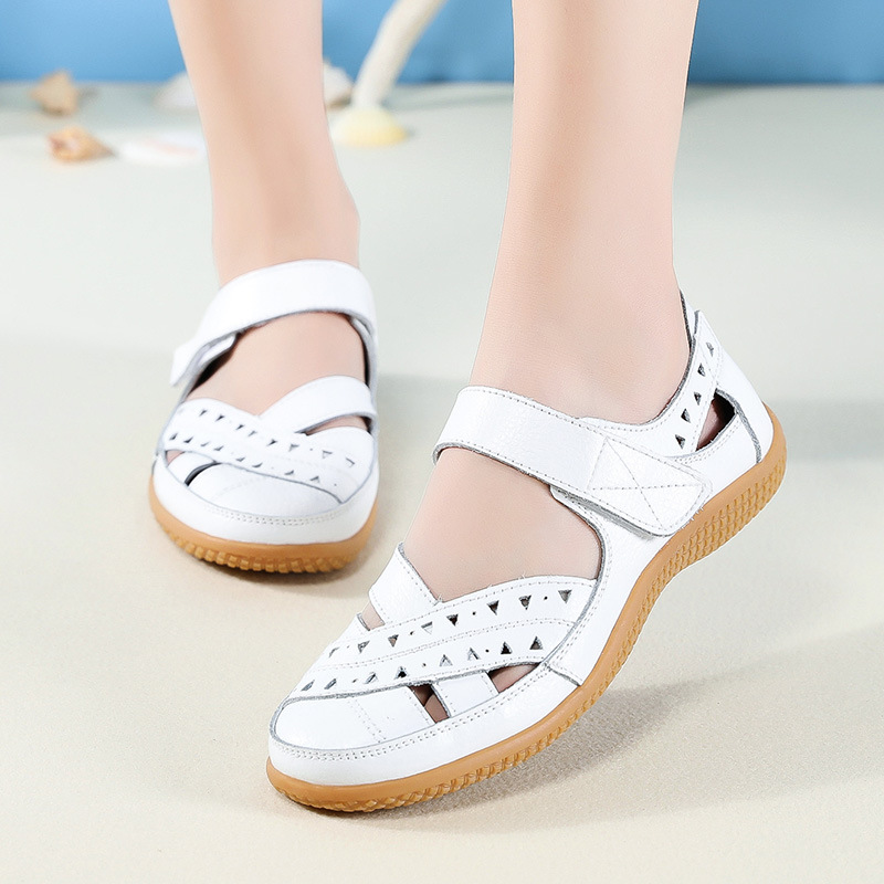 Cross-border plus size summer new women's sandals hollow hole shoes foreign trade leather casual women's shoes nurse white shoes