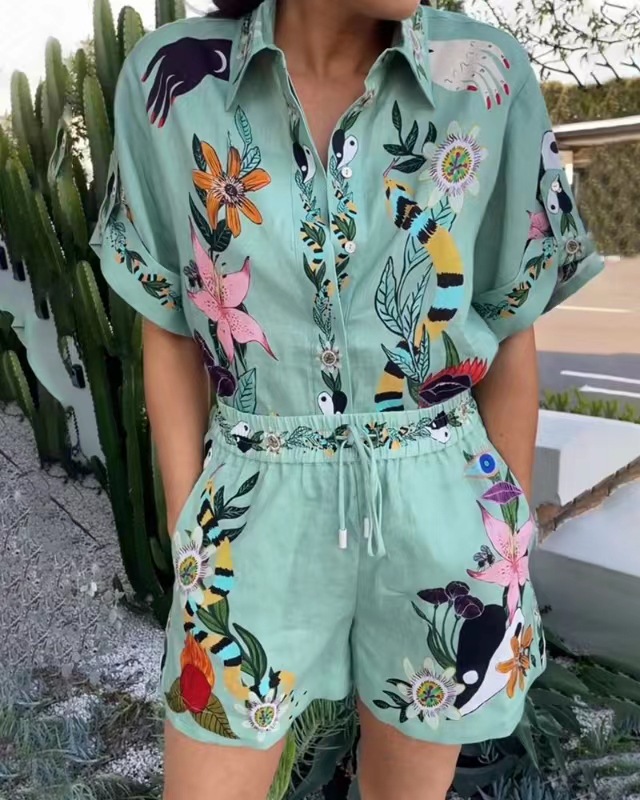 Cross-border independent station Amazon 2023 new European and American casual two-piece suit cotton and linen printed shirt + shorts