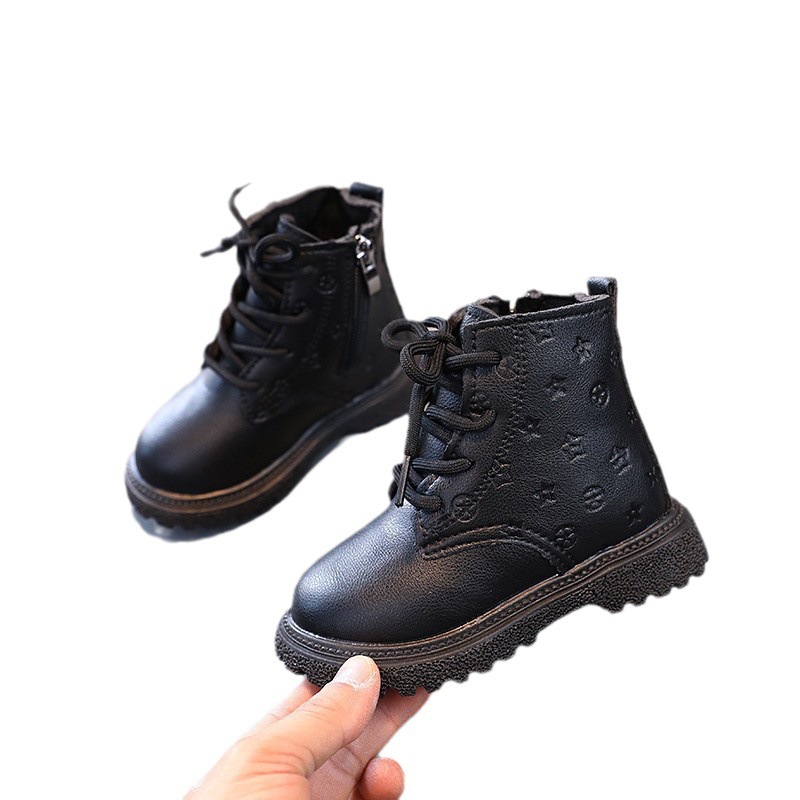 Girls' patent leather glossy Martin boots 2023 autumn and winter New Two-cotton star Delu children Princess boots fleece-lined cotton boots