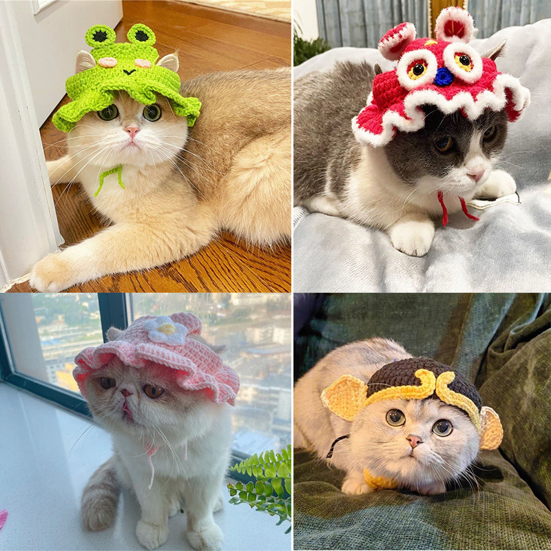 Cat wool knitted hat dog small dog handmade crochet funny cute decorative accessories headdress cross-dressing hat