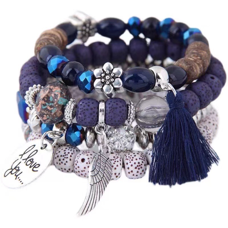 New Crystal Opal Wings love Beaded Bracelet Multi-Circle Tassel Bracelet Vintage Ethnic Style Jewelry