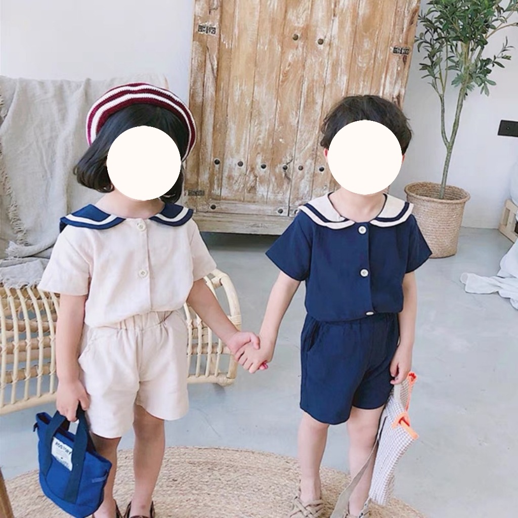 2023 Summer new children's boys and girls Navy style cotton and linen short-sleeved shorts suit sister's clothing foreign trade