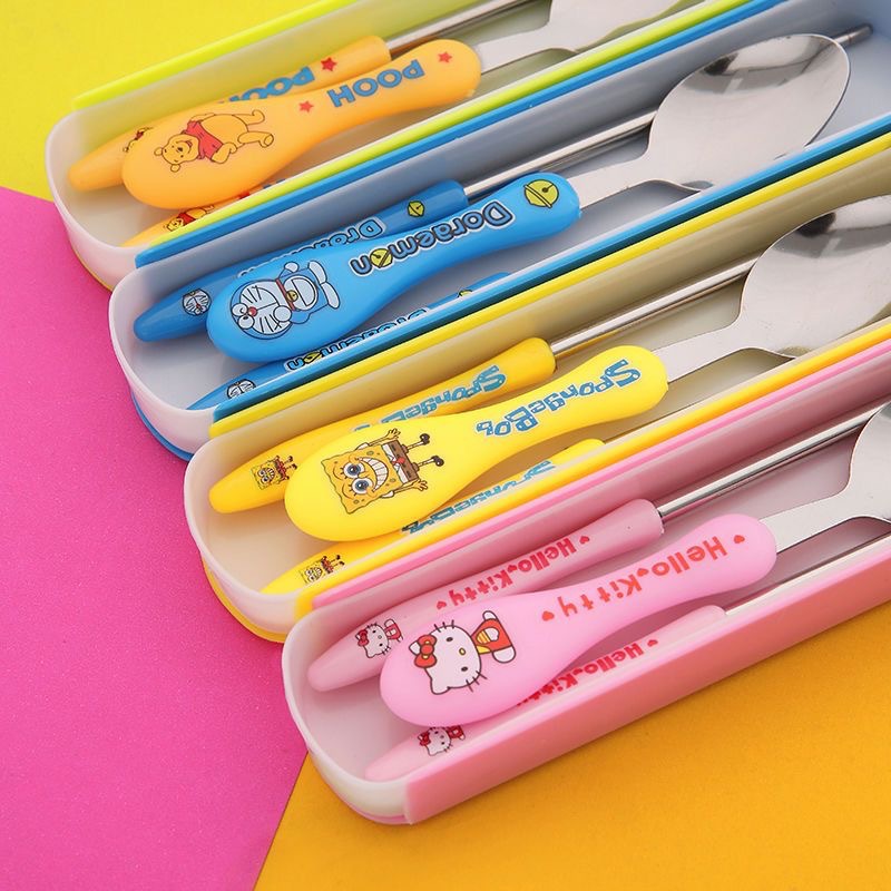 Three-piece portable stainless steel children's cartoon spoon and fork chopsticks travel cute drop-resistant tableware