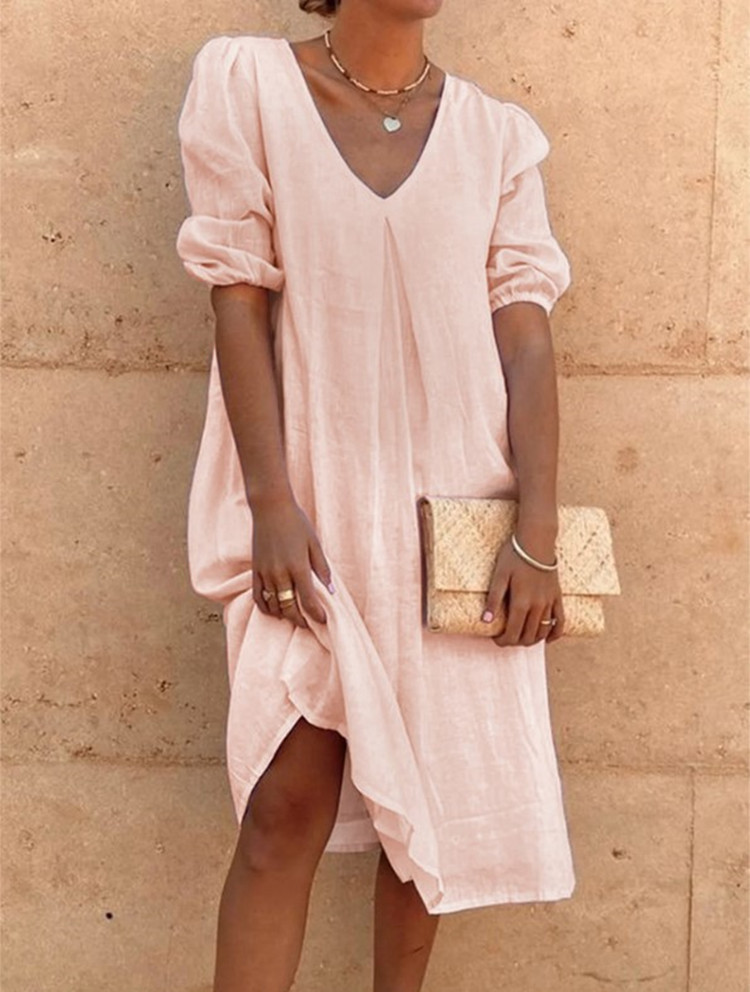 2022 Europe and the United States cross-border Amazon wish cotton and linen solid color fashion long sleeve long casual long dress