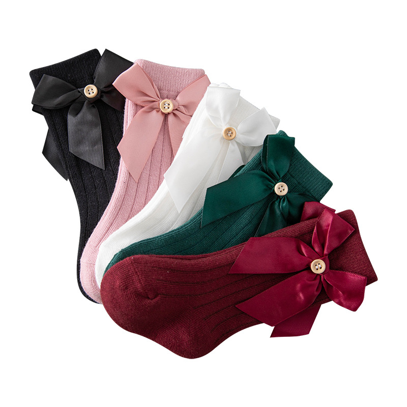 Girls' big bow long baby socks autumn and winter New pure color combed cotton baby socks children's socks wholesale