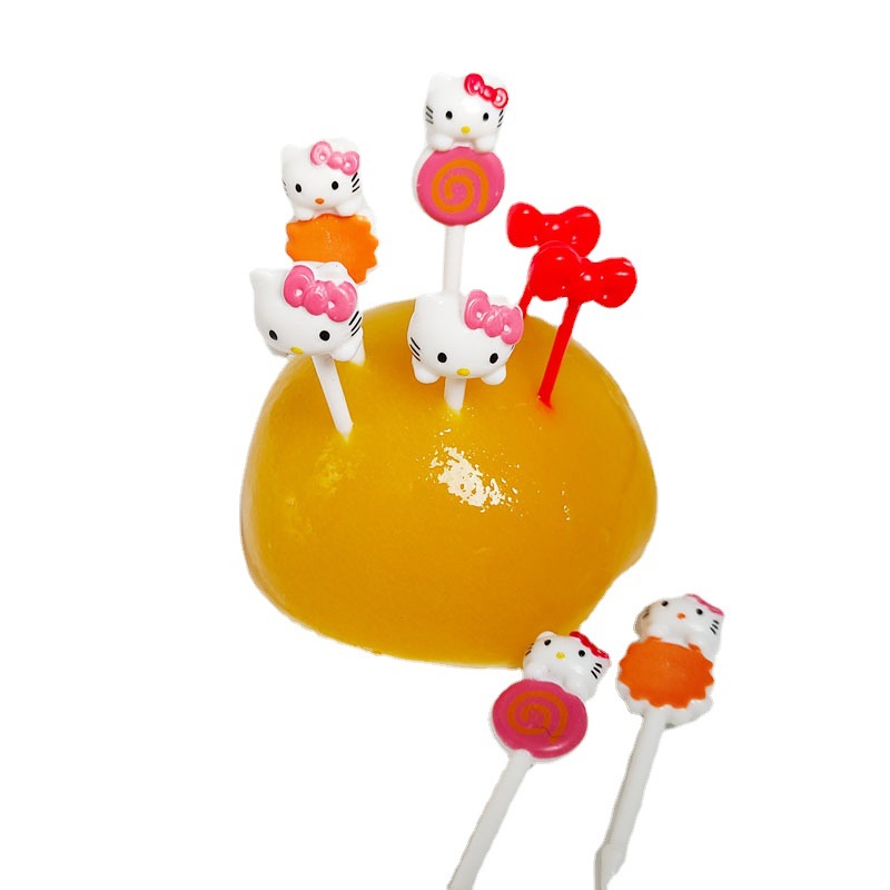 Hot sale Japanese style plastic fruit fork hello kitty children's fruit stick 8 pack