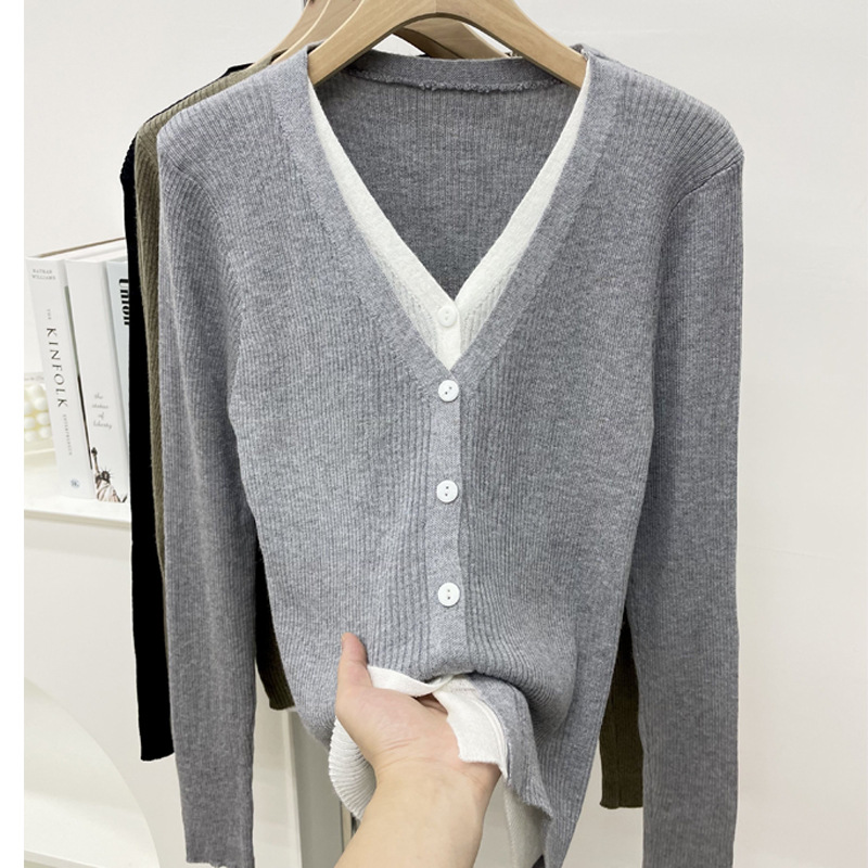Fake Two-piece Knitted Sweater Cardigan Women's Spring New Long-sleeved V-neck Elegant Top Slim-fit Inner Base Shirt Sweater