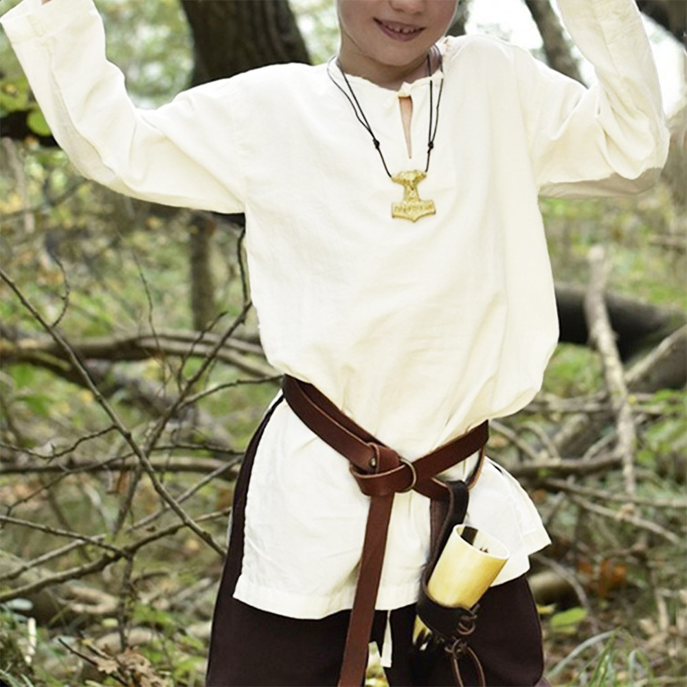 2025 Medieval Boys Sub-summer Linen Shirt Vintage Round Neck Loose Casual Shirt Children's