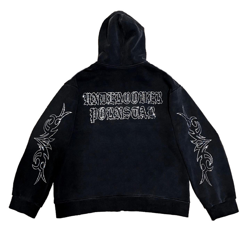 Halloween European and American style 2022 autumn and winter New hoodie round neck loose letters rhinestone zipper sweater waffle