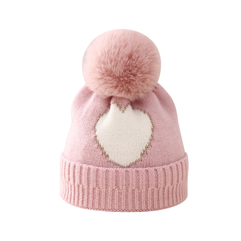 Baby Knitted Hat 0-12 Months Golden Silk Jacquard Love Knitted Hat Baby Girl Double-layer Thickened Wool Hat Cross-Border