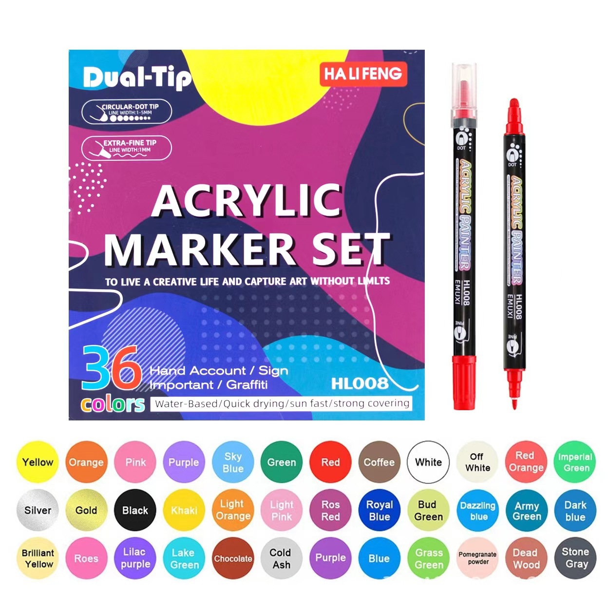 EMUXI Double Head Acrylic Marker Pen Stackable Soft Head Non-transparent Children's Brush Graffiti Watercolor Pen Doodle Head