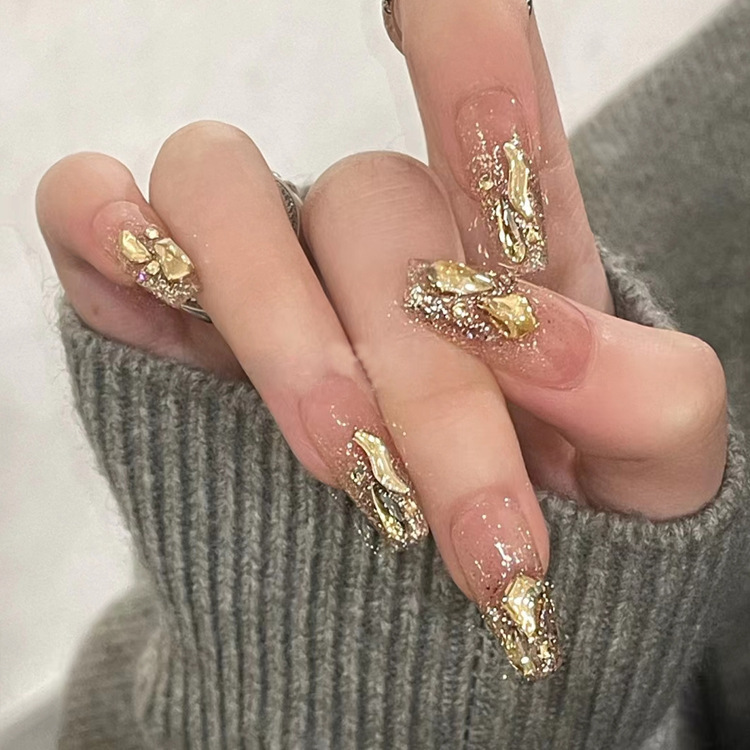 High-grade gold foil hot girl white manicure fake nail wear nail finished champagne flash diamond nail patch wholesale