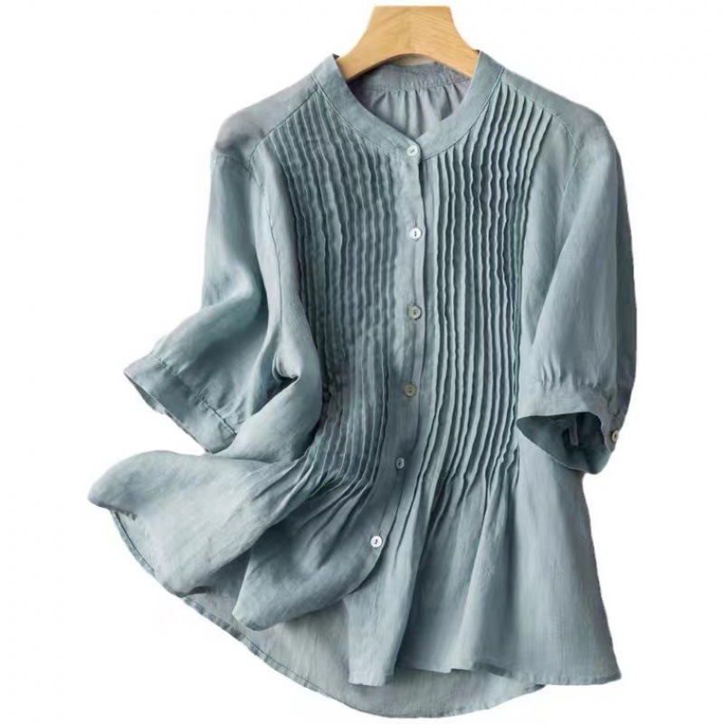2023 Summer New Arrival Middle-Aged Fashionable Retro Thin Linen Top Women's Thin Cotton and Linen Short-Sleeved Shirt