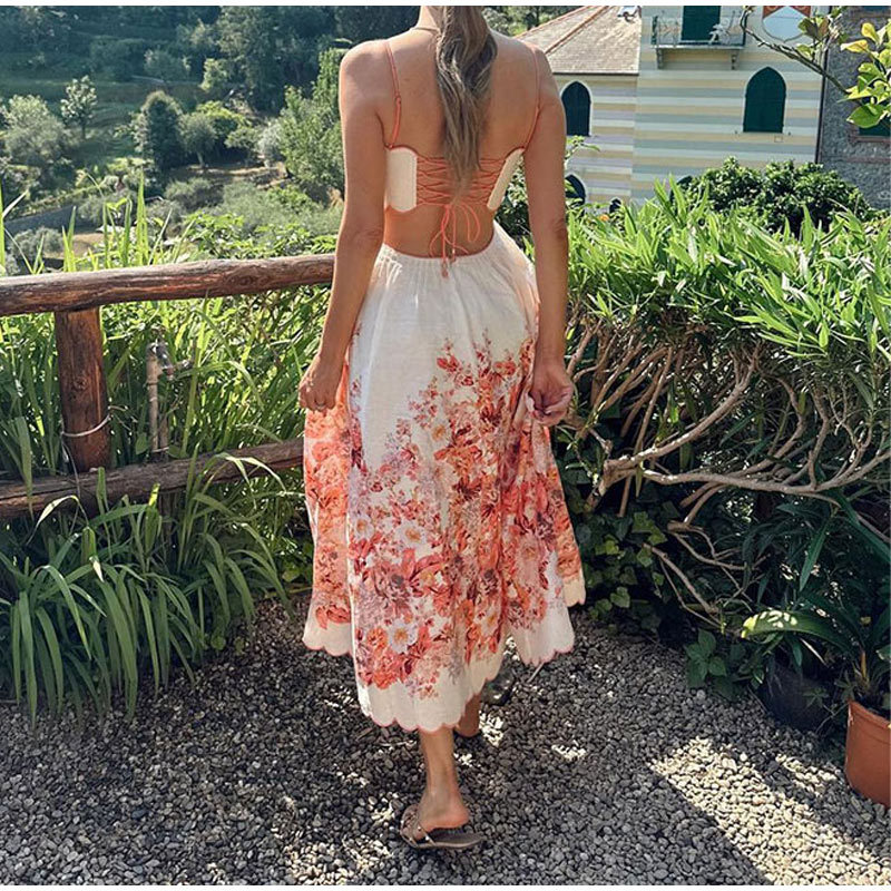 Fashion strap printed dress 2024 summer sleeveless slim ladies holiday A dress