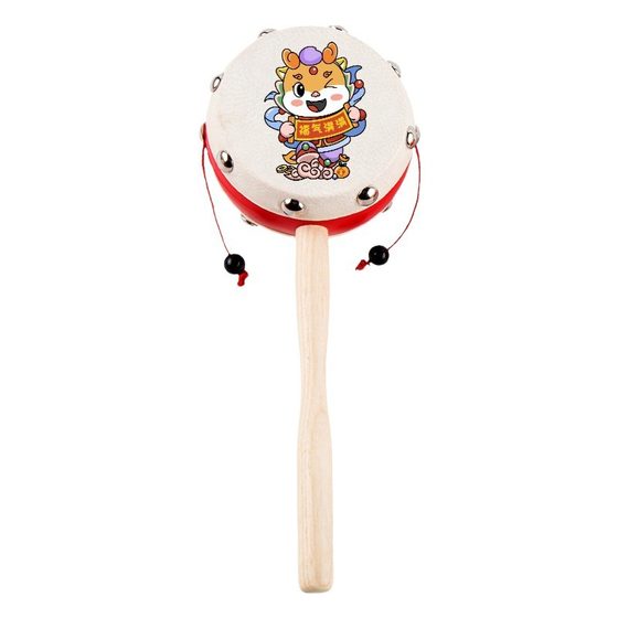 Rattle Baby Toy Gnawing Hand Wave Drum Baby Wooden Sheepskin Traditional Children Newborn Boys and Girls