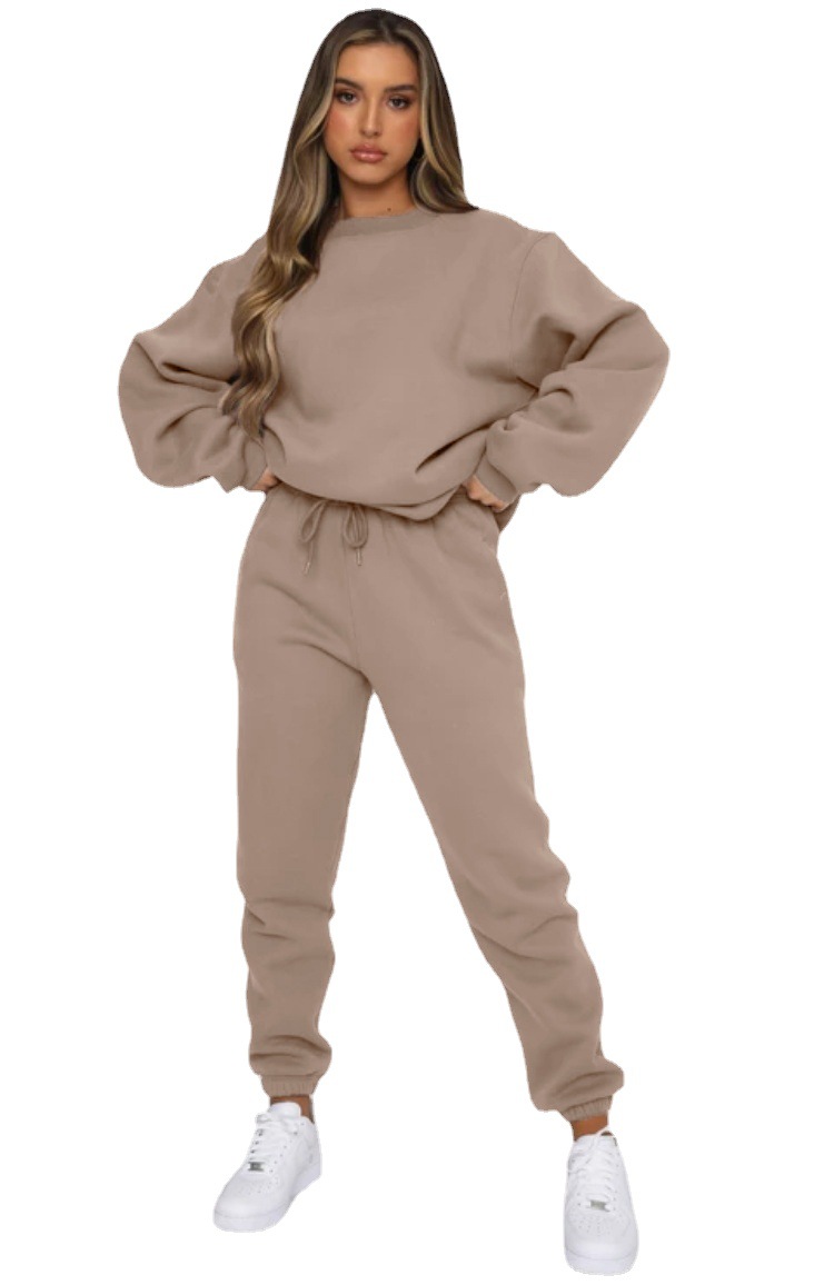 Cross-border European and American Autumn and Winter Solid Color Round Neck Pullover Trousers Women's Fashion Casual Long Sleeve Sweater Suit New Product