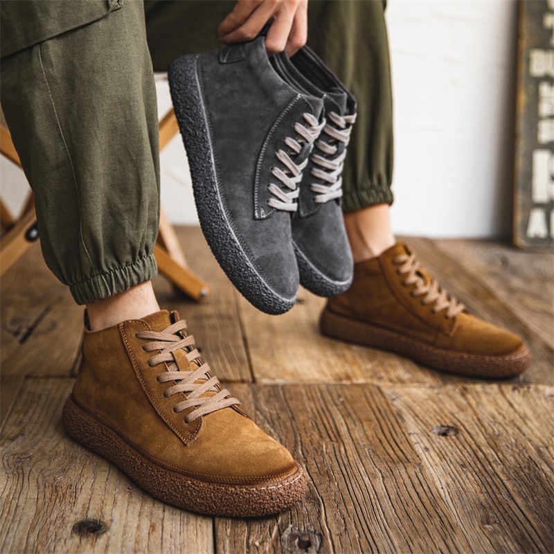 Winter High-top Board Shoes Men's Genuine Leather Platform Frosted Casual Shoes British Vintage Workwear Shoes Warm Fleece-lined Men's Shoes