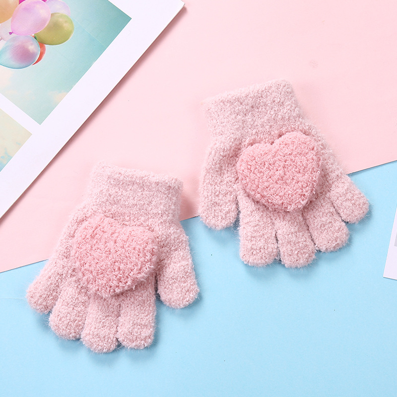 Children's gloves autumn and winter new love warm finger gloves little girl out windproof warm five finger gloves fleece-lined