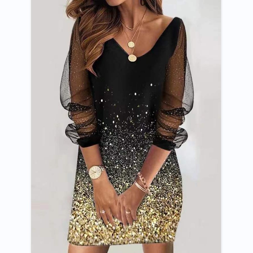 9757#2022 spring new cross-border Women's ebay Amazon Wish sequins perspective mesh ladies dress