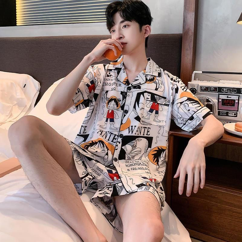 2023 new online celebrity ice silk short-sleeved pajamas men's summer thin Youth Men's Home wear suit