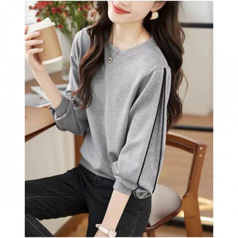 Plus size simple texture sweater women's loose 2022 autumn new contrast color stitching long sleeve all-match T-shirt top