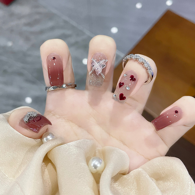 少女心事美甲爆閃愛心鑽可拆卸穿戴甲成品美甲貼片指甲貼片 Nails