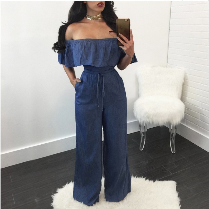 2023 casual women's wide-leg ruffled jumpsuit European and American sexy sleeveless lace-up Denim jumpsuit