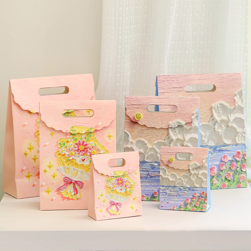 Ins Oil Painting Style Three-dimensional Gift Bag Jewelry Hair Accessories Handbag Holiday Birthday Handheld Gift Packaging Bag