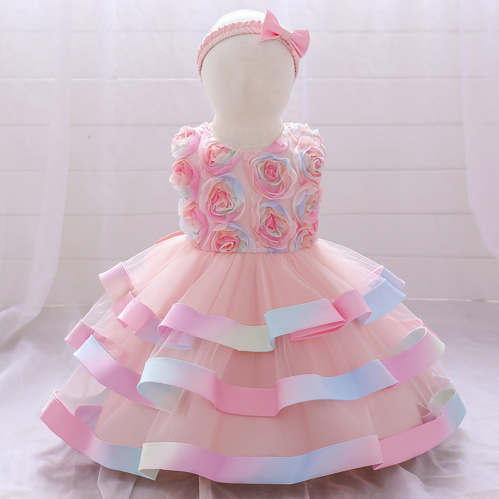 2024 New Children's Evening Dress Baby First Birthday Party Dress Girls Send Beautiful Hair Accessories Net Silk Flower Puffy Cake Dress 