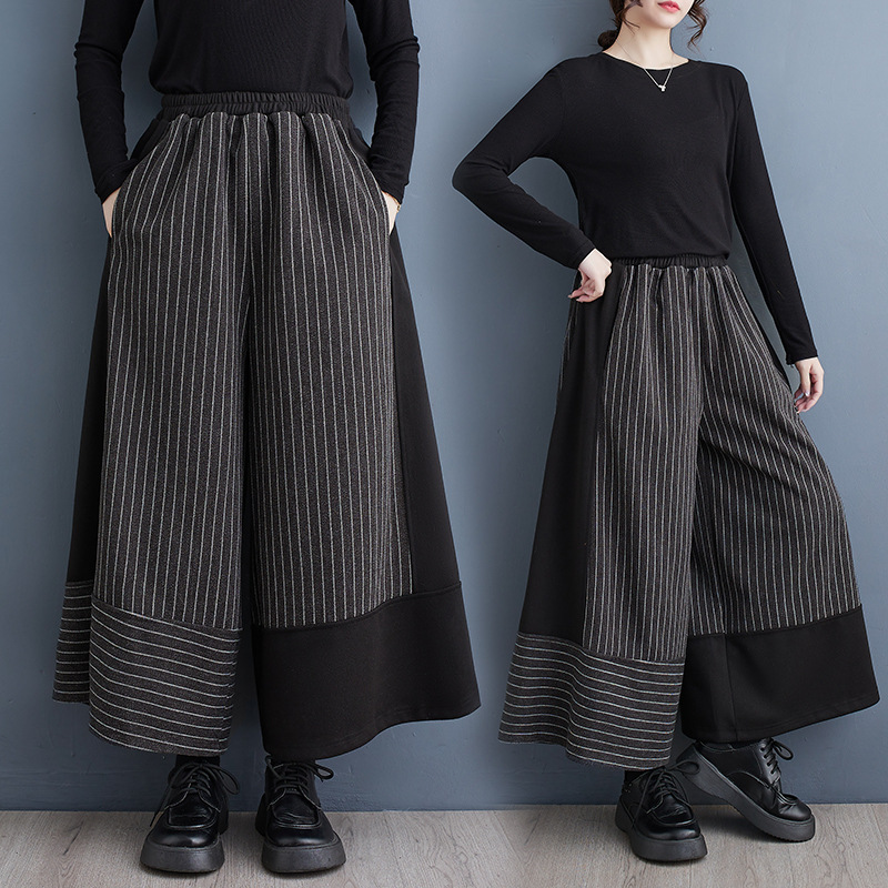 Real shot 2024 spring new black casual pants fashionable woolen narrow Hong Kong style striped stitching wide-leg pants