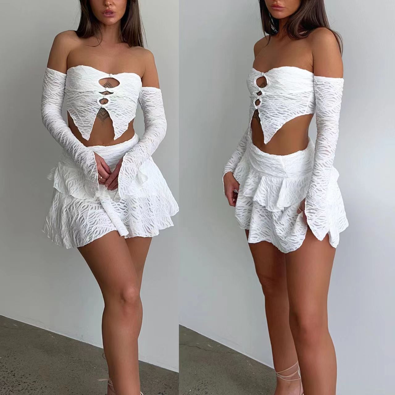2023 Summer New Amazon Europe Explosions Sexy Hollow Collar Top Slim-fit Short Skirt Set for Women
