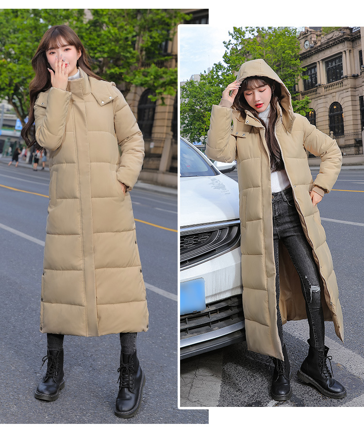 Long over-the-knee hooded Warm jacket jacket women's winter coat thickened warm over-the-knee solid color casual slim-fit cotton-padded jacket fashion_voghion.com