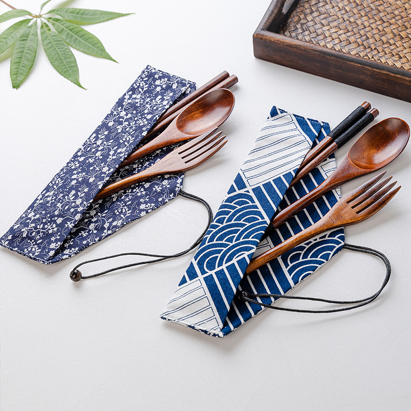 Japanese Style Internet Celebrity Western-style Gift Tableware Wooden Spoon New Style Wrapped Chopsticks Creative Portable Spoon Chopsticks Fork Three-piece Set