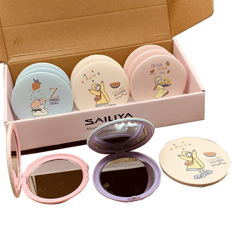 Double-sided mirror Double-sided leather mirror with magnifying mirror Portable mini portable small makeup mirror cartoon round mirror