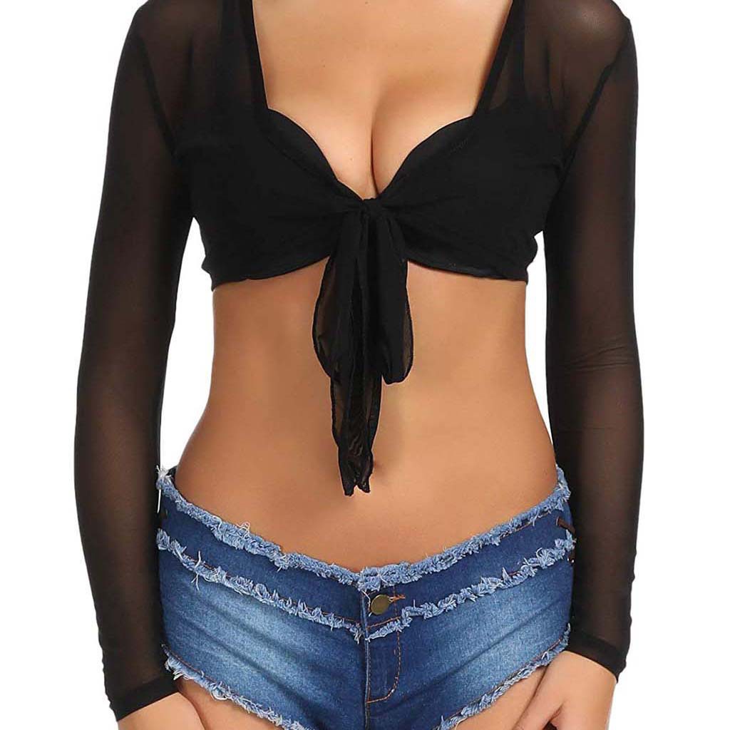European and American women's summer sexy twisted long-sleeved mesh solid color short top for women