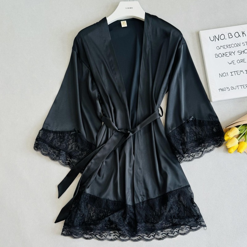 Women's sexy pajamas bride morning gown seductive artificial silk nightdress lace-up bathrobe spring, summer and autumn one-piece