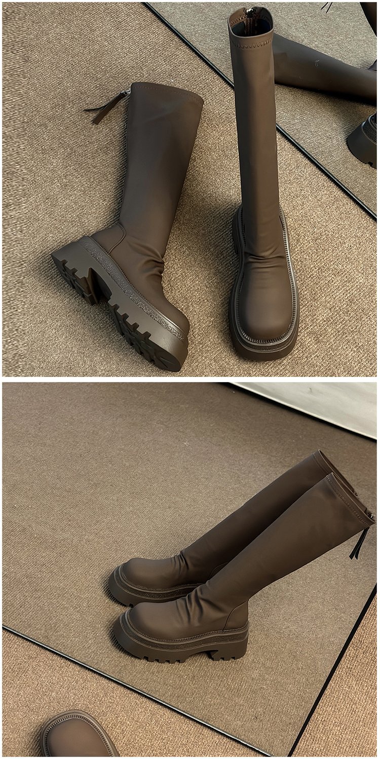 Moteriški storapadiai platforminiai aulinukai iki kelių 2023 m. rudens ir žiemos madingi klostuoti aulinukai iki kelių, ploni, elastingi aulinukai_voghion.com