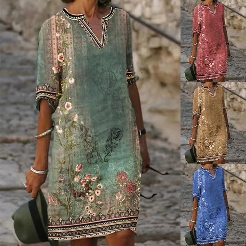 2023 European and American Spring and Summer New Women's Cross-border European and American Casual Ethnic Retro Mid-length V-neck Short-sleeved Dress